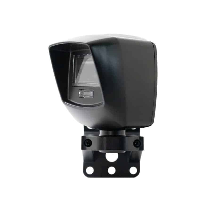 IRB-RET2 retroreflective photoeye with ball-and-socket mount, angled view